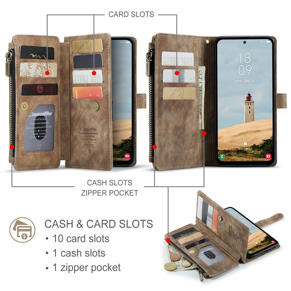 Samsung Galaxy A56 Zipper Wallet Book Cover Brown