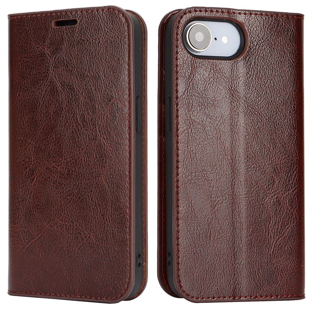 iPhone 16e Genuine Leather Wallet Case Dark Brown