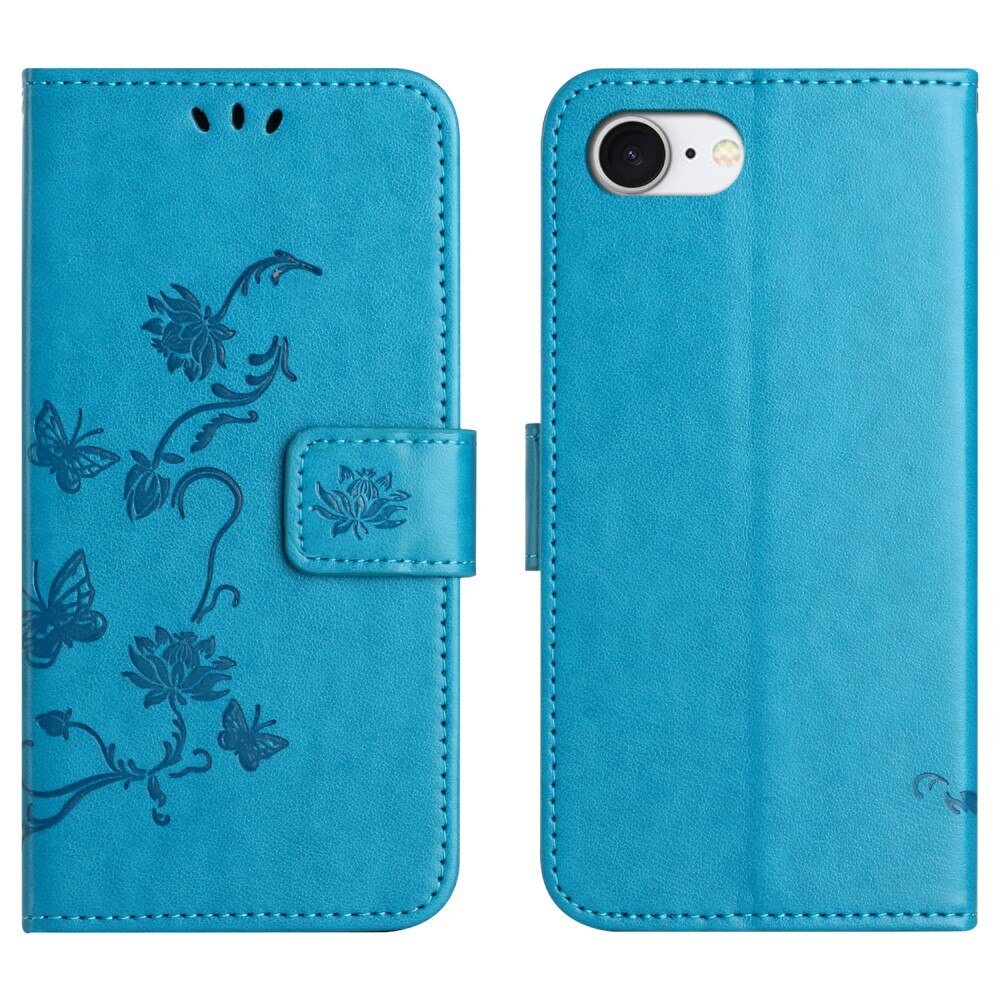 iPhone 16e Leather Cover Imprinted Butterflies Blue