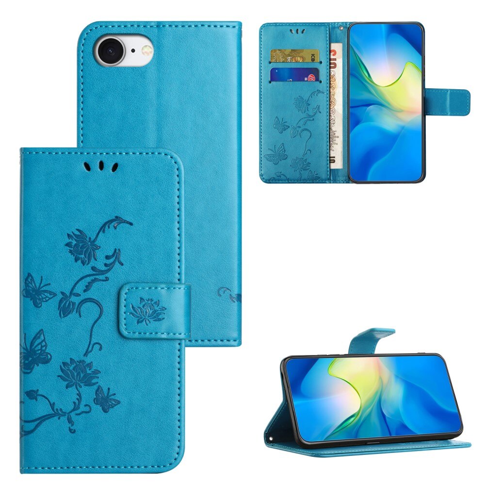 iPhone 16e Leather Cover Imprinted Butterflies Blue