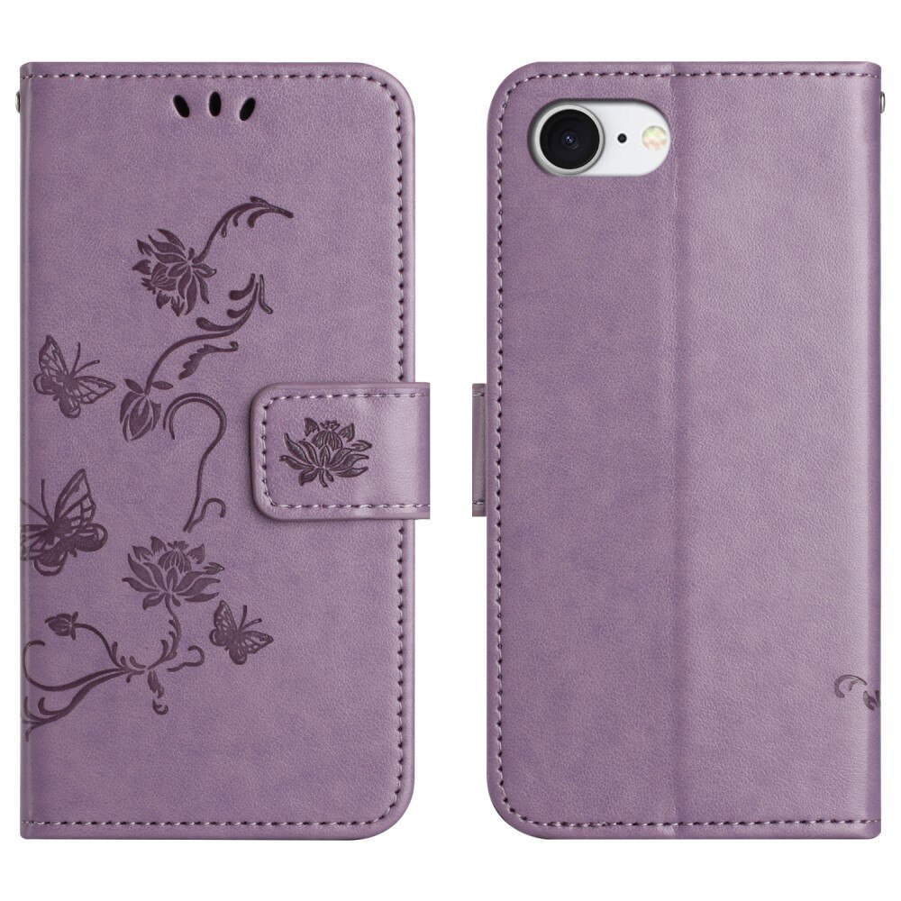 iPhone 16e Leather Cover Imprinted Butterflies Purple