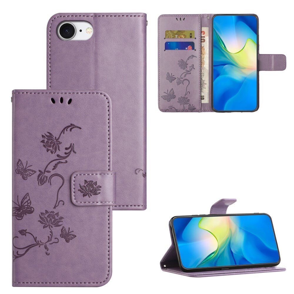 iPhone 16e Leather Cover Imprinted Butterflies Purple