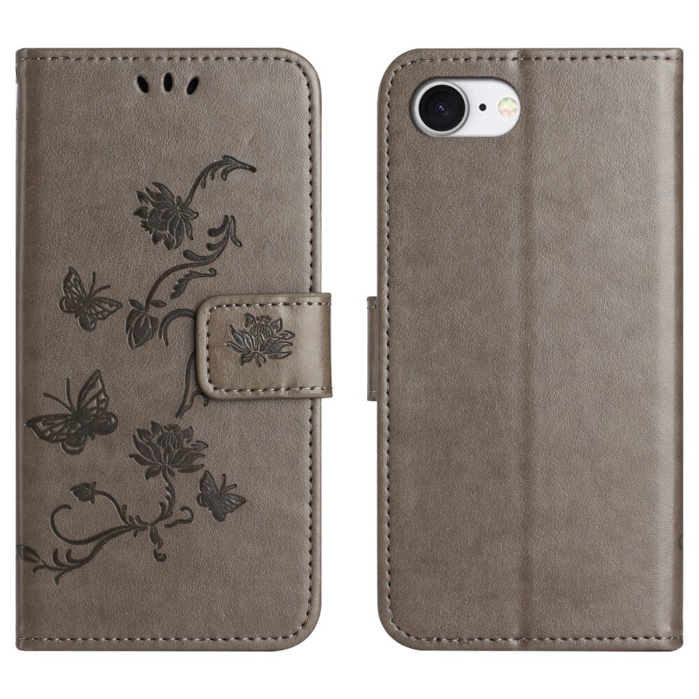 iPhone 16e Leather Cover Imprinted Butterflies Grey