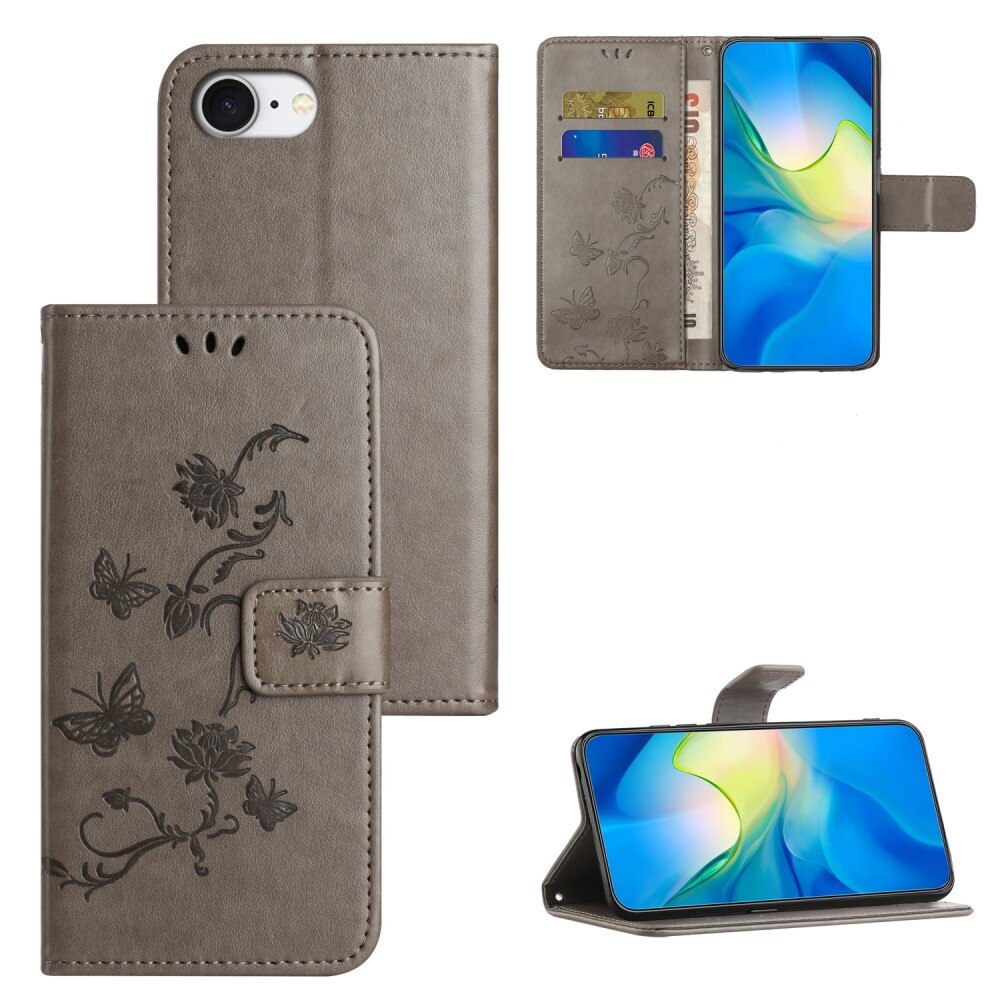 iPhone 16e Leather Cover Imprinted Butterflies Grey