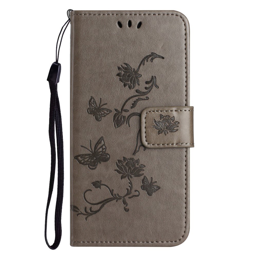 iPhone 16e Leather Cover Imprinted Butterflies Grey