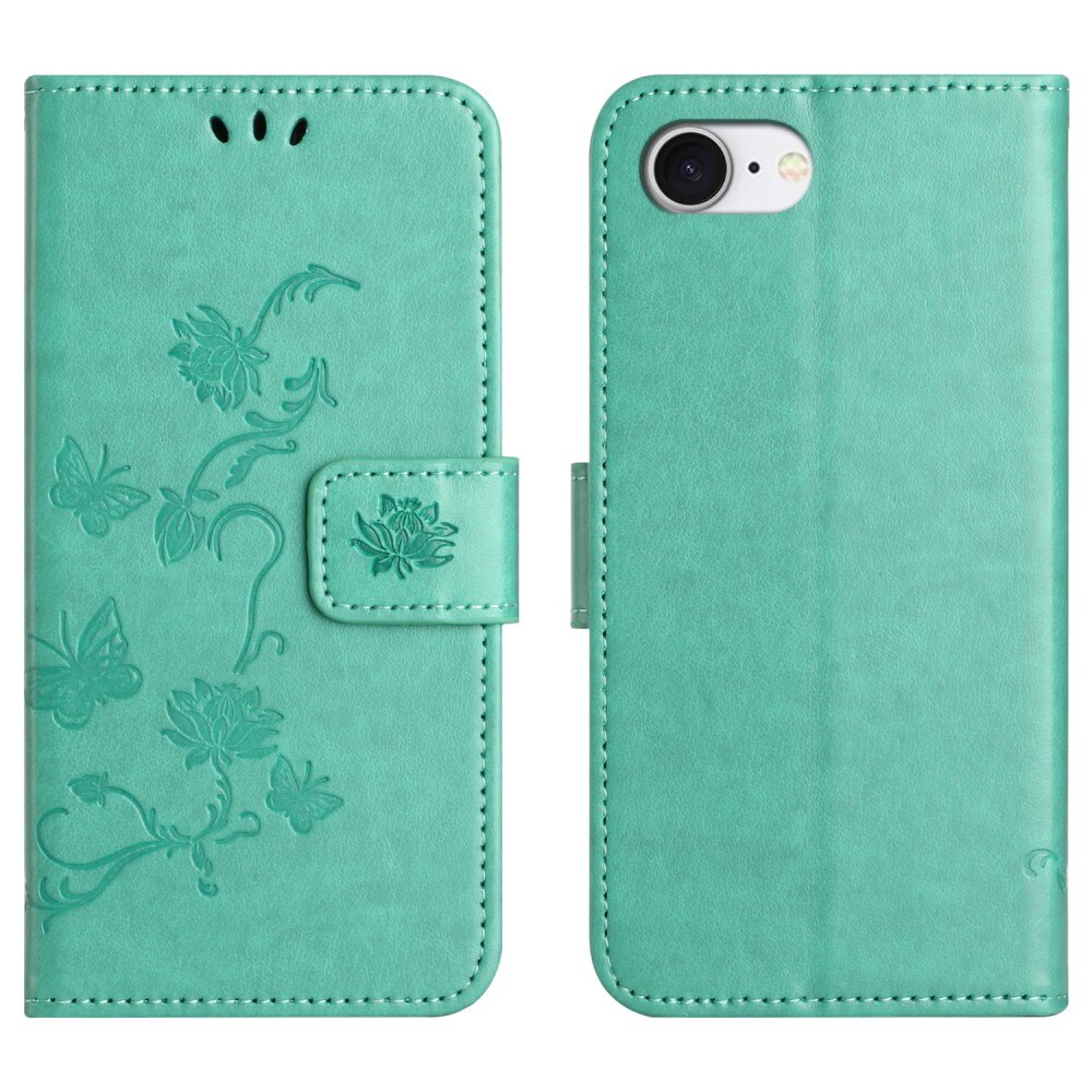 iPhone 16e Leather Cover Imprinted Butterflies Green