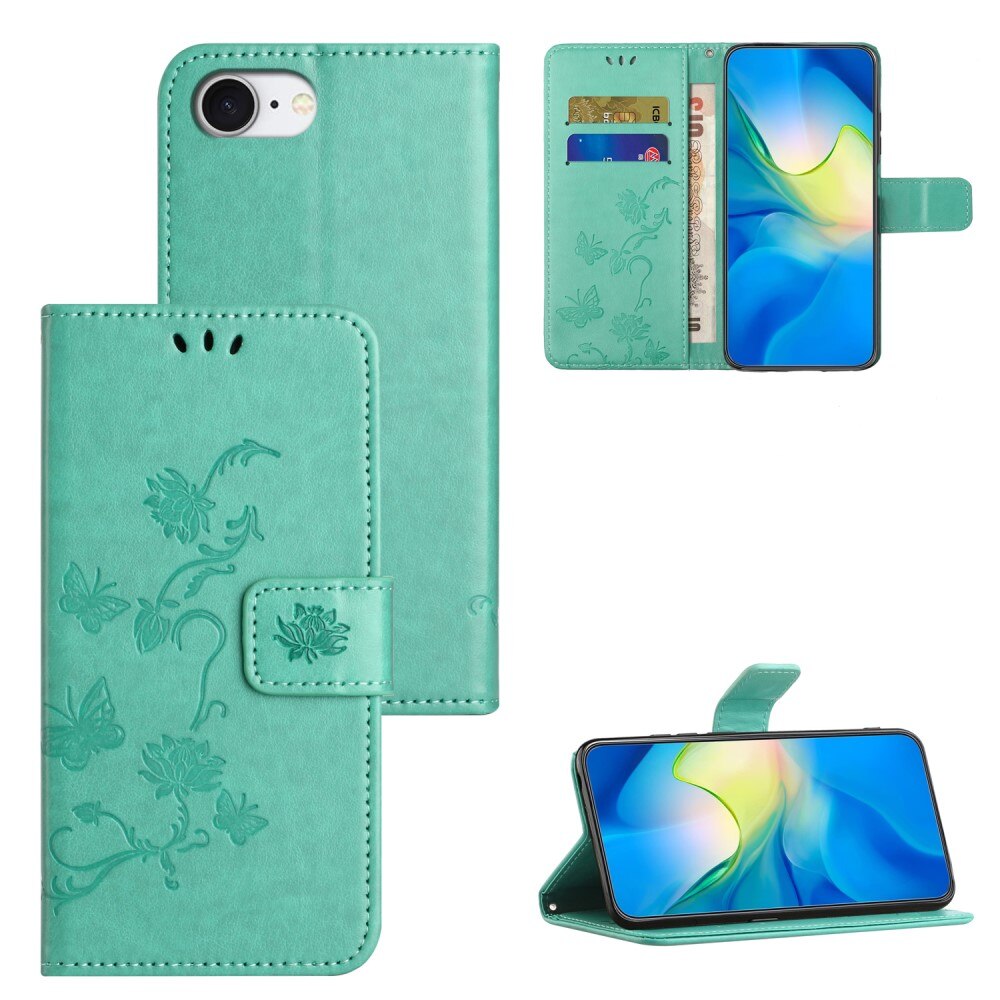 iPhone 16e Leather Cover Imprinted Butterflies Green