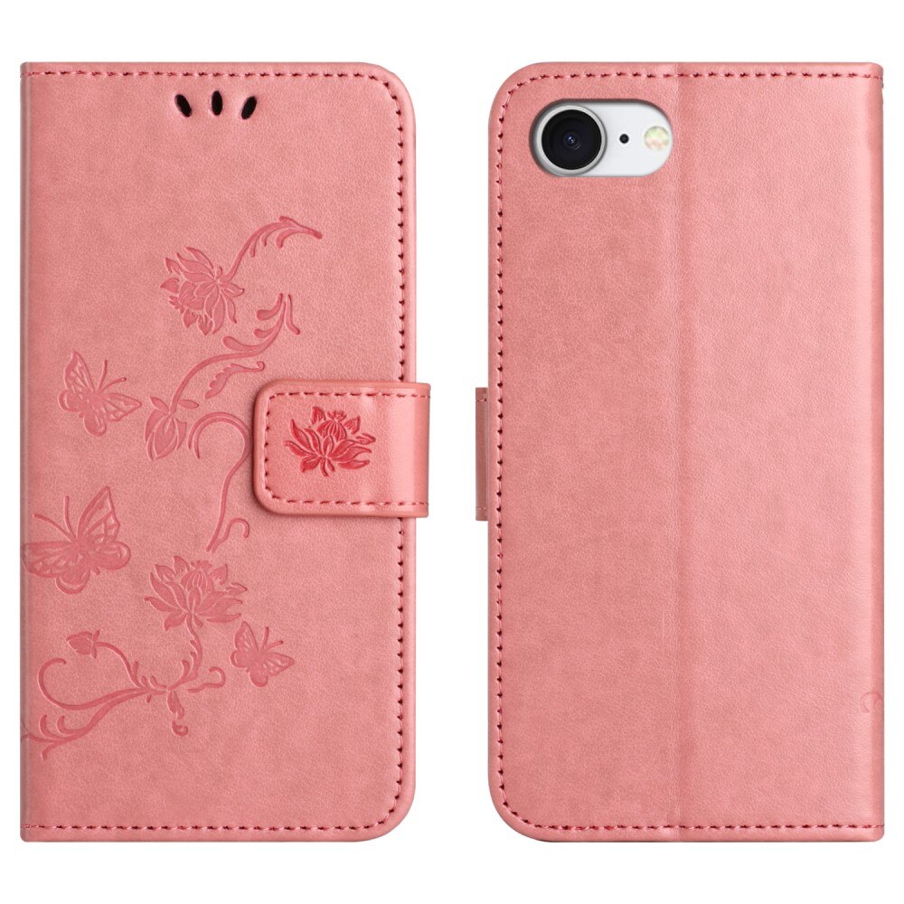 iPhone 16e Leather Cover Imprinted Butterflies Pink