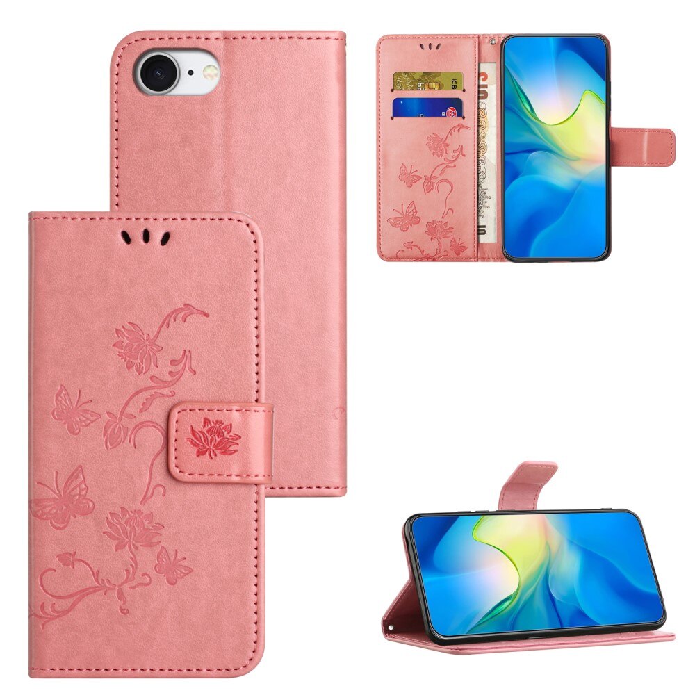 iPhone 16e Leather Cover Imprinted Butterflies Pink