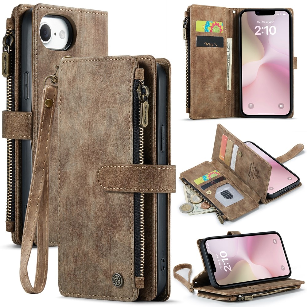 iPhone 16e Zipper Wallet Book Cover Brown