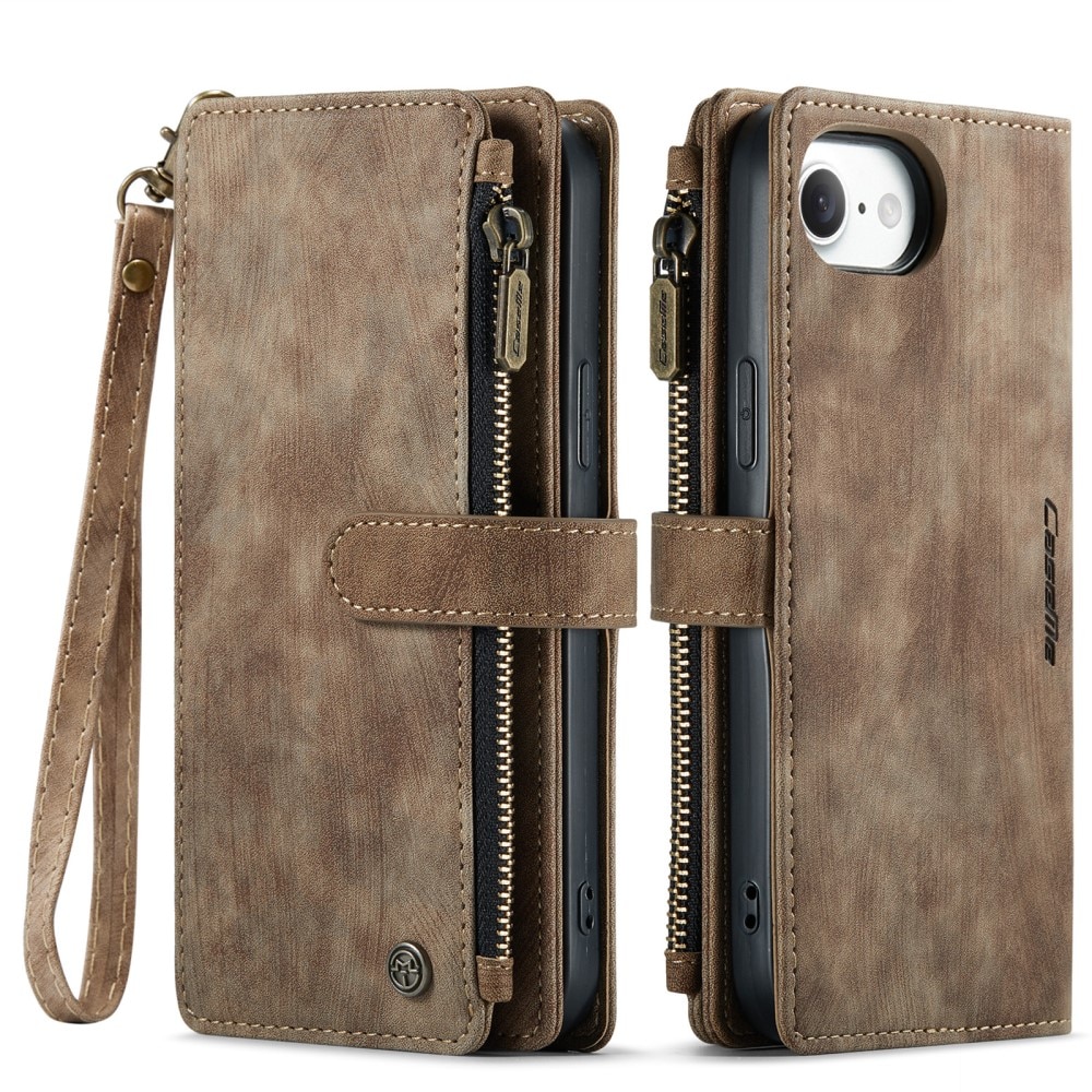 iPhone 16e Zipper Wallet Book Cover Brown