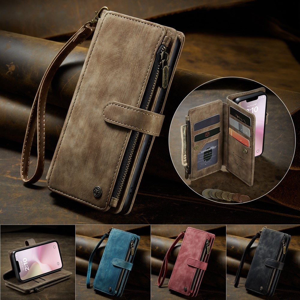 iPhone 16e Zipper Wallet Book Cover Brown