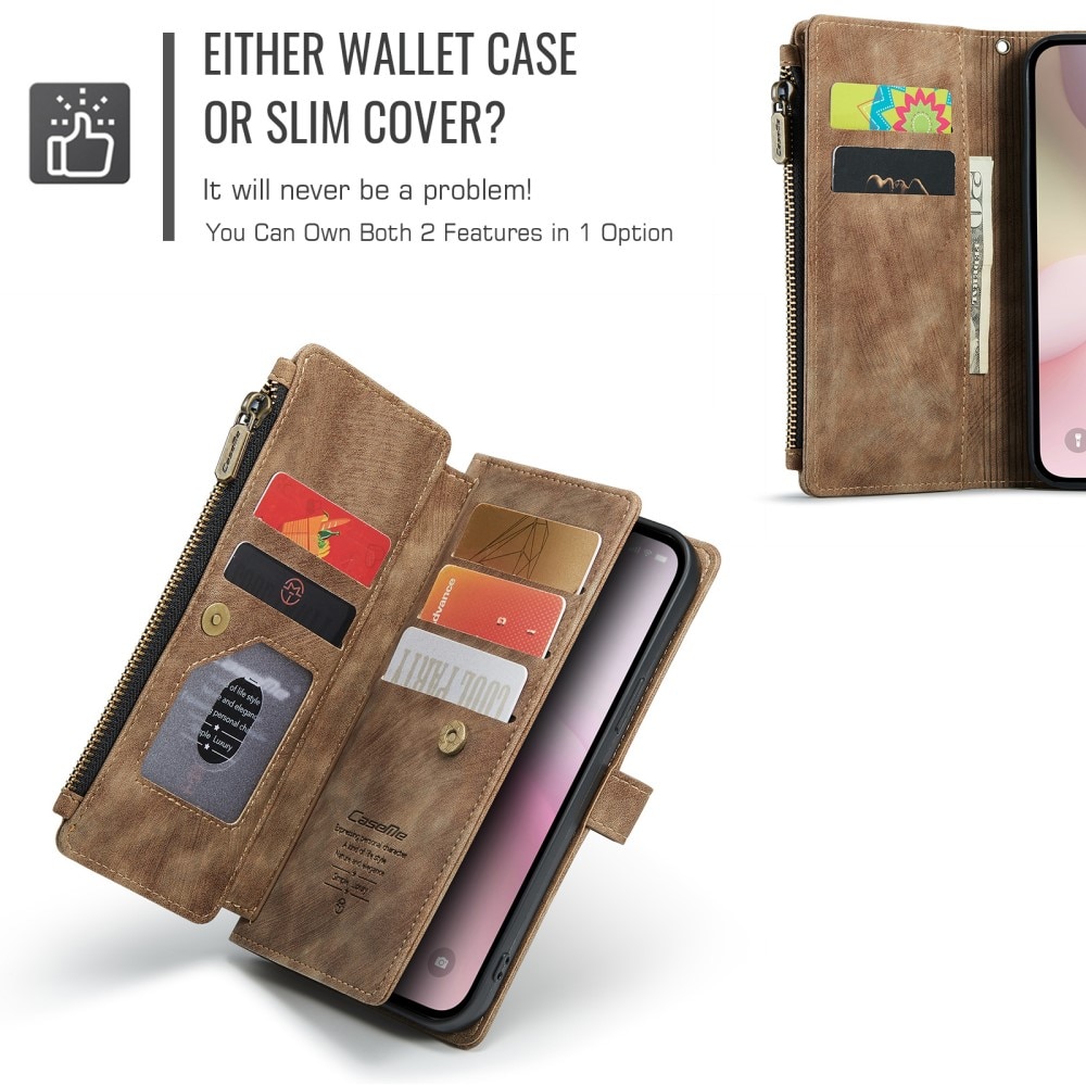 iPhone 16e Zipper Wallet Book Cover Brown