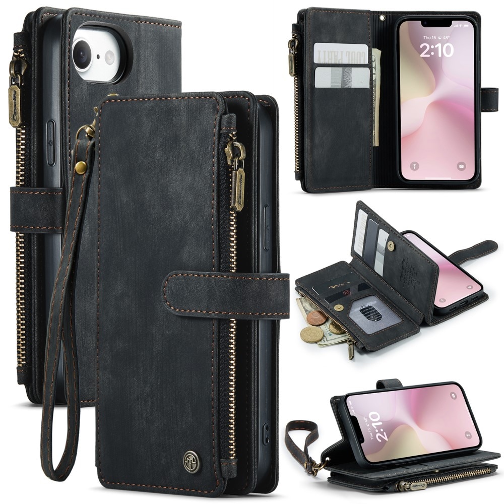 iPhone 16e Zipper Wallet Book Cover Black