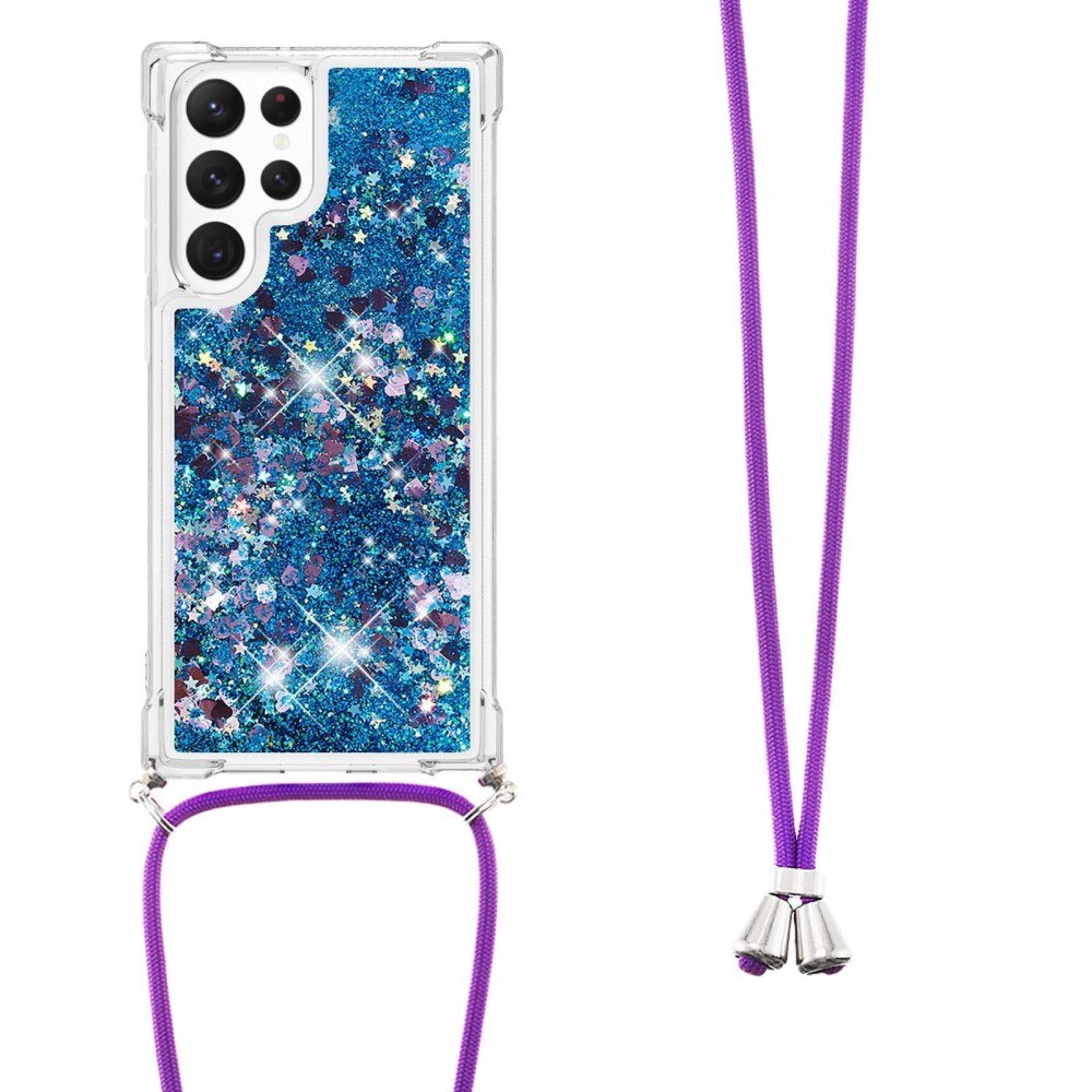 Samsung Galaxy S23 Ultra Glitter Powder TPU Cover Neck Strap Blue