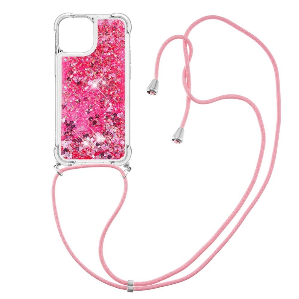 iPhone 15 Glitter Powder TPU Cover Neck Strap Pink