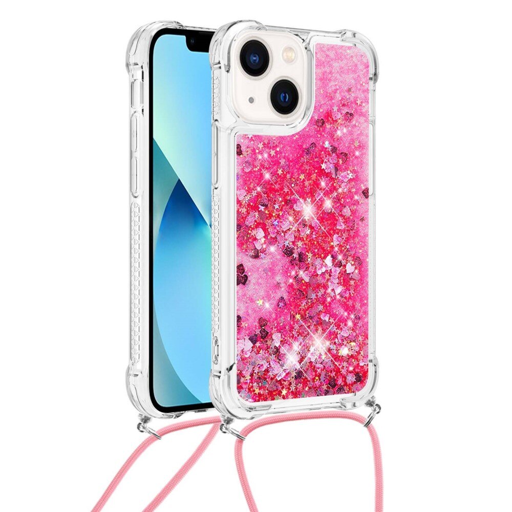 iPhone 15 Glitter Powder TPU Cover Neck Strap Pink