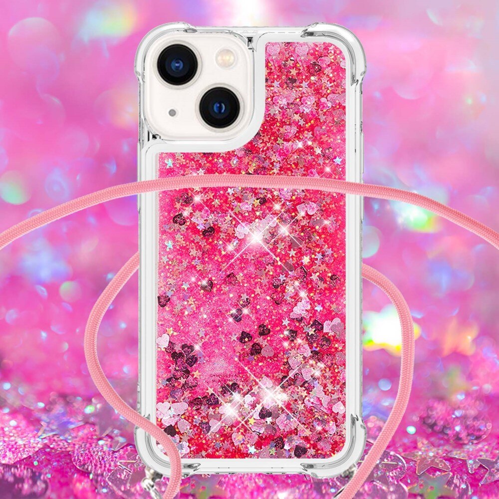 iPhone 15 Glitter Powder TPU Cover Neck Strap Pink