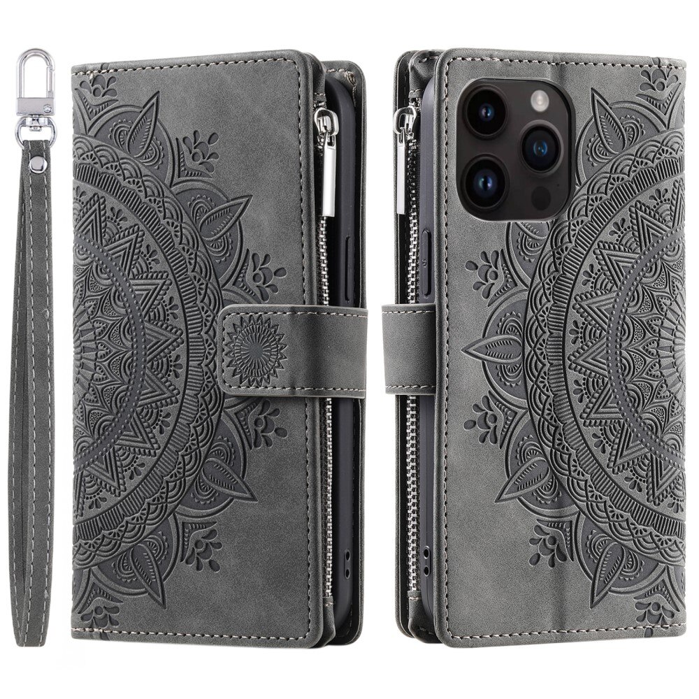 iPhone 15 Pro Wallet/Purse Mandala Grey