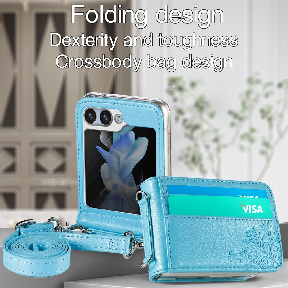 Samsung Galaxy Z Flip 6 Leather Cover Imprinted Butterflies Blue