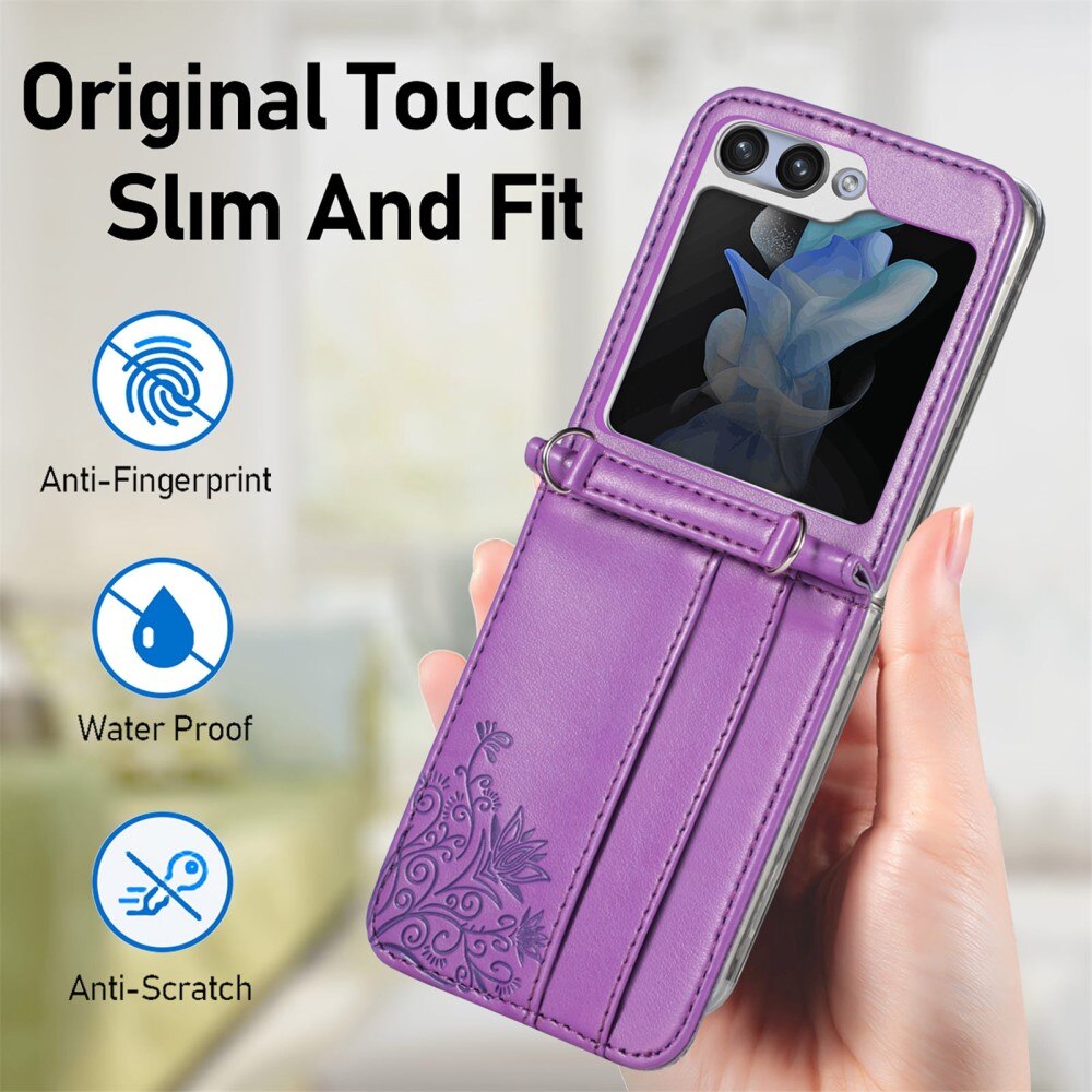 Samsung Galaxy Z Flip 6 Leather Cover Imprinted Butterflies Purple