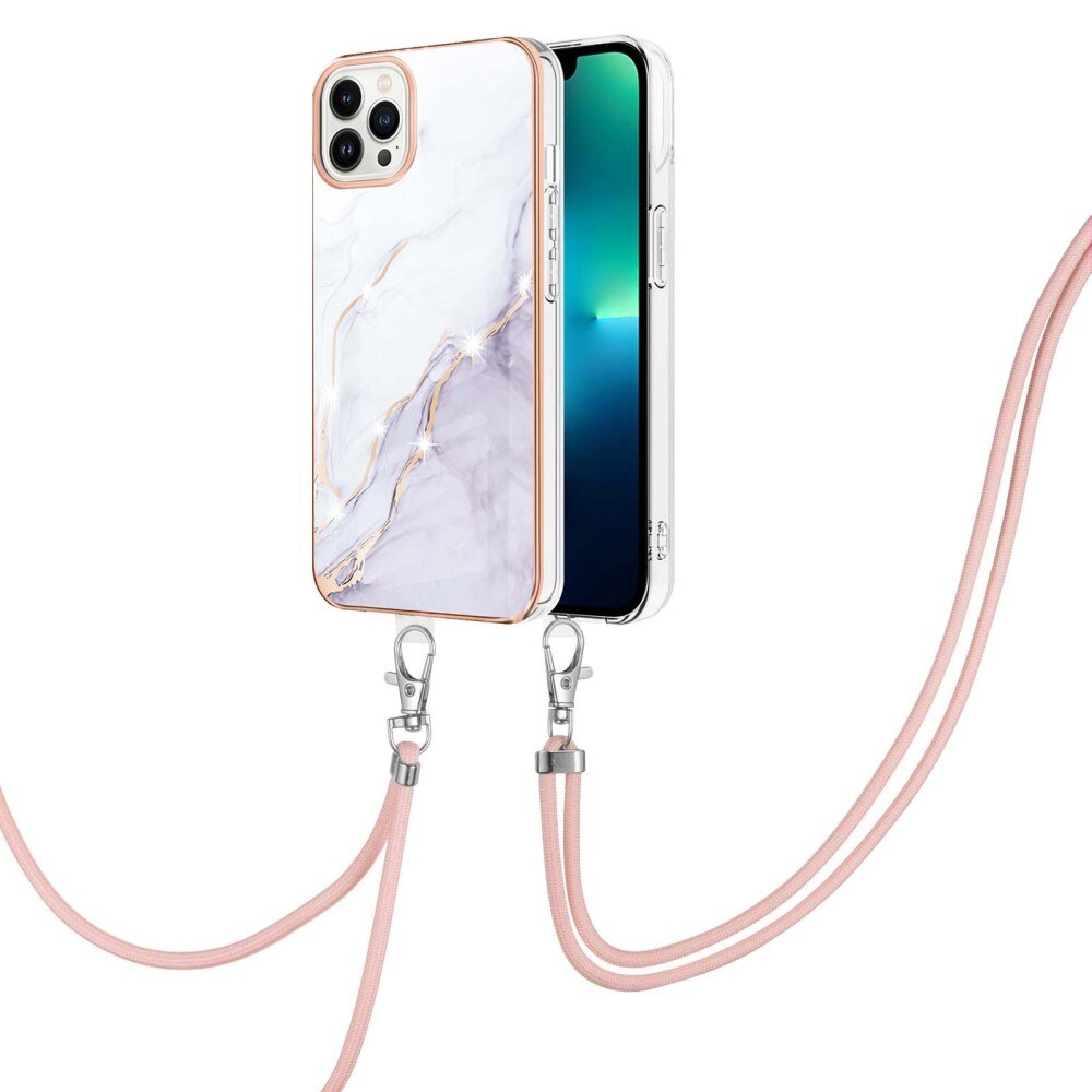 iPhone 15 Pro Max Cover Neck Strap White Marble