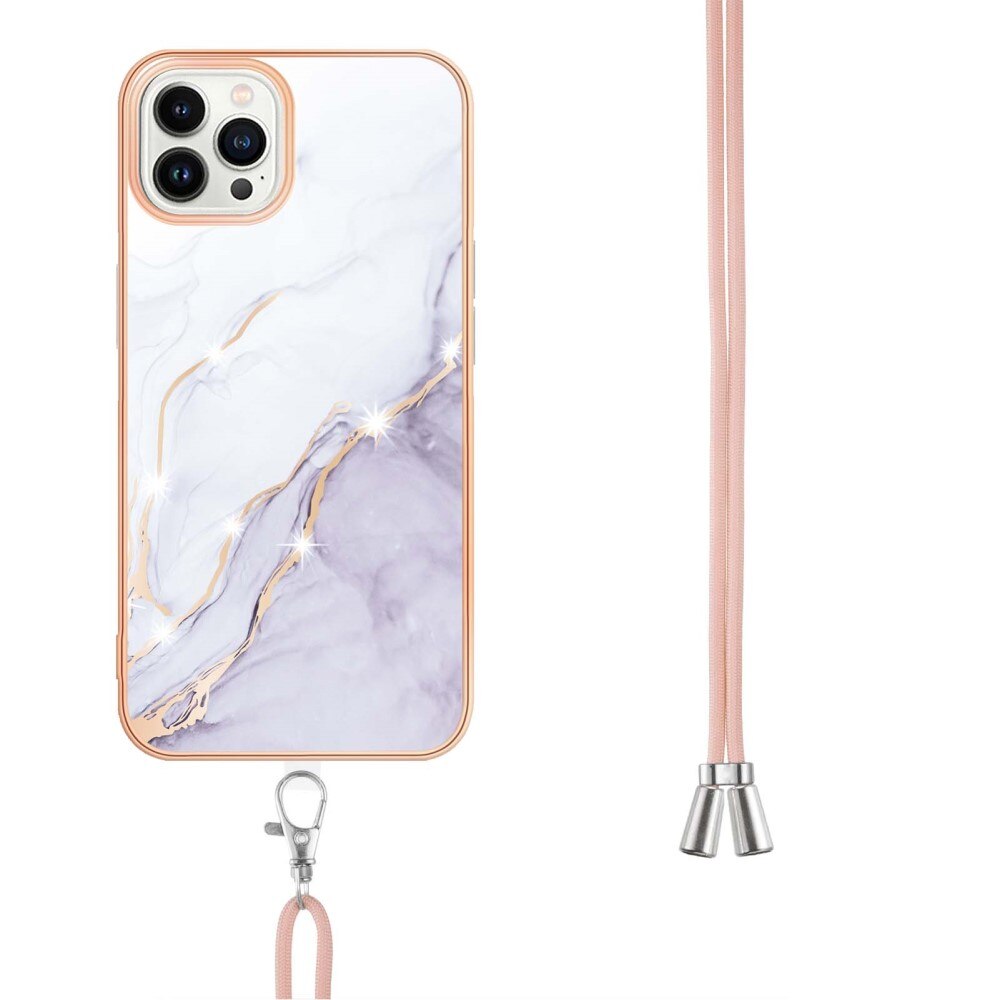 iPhone 15 Pro Max Cover Neck Strap White Marble