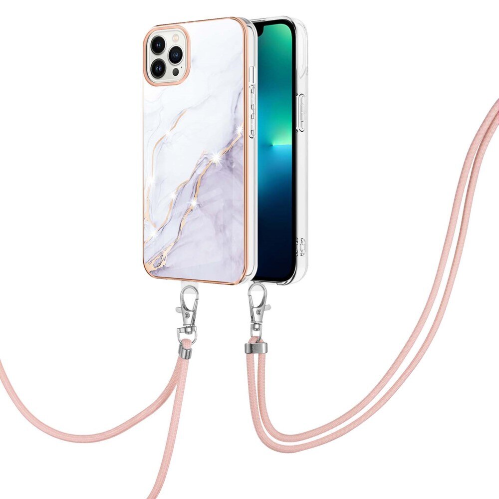 iPhone 15 Pro Cover Neck Strap White Marble