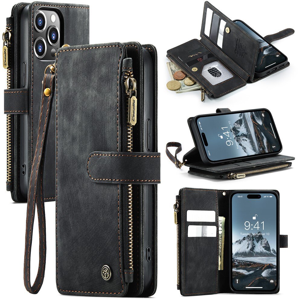 iPhone 16 Pro Max Zipper Wallet Book Cover Black