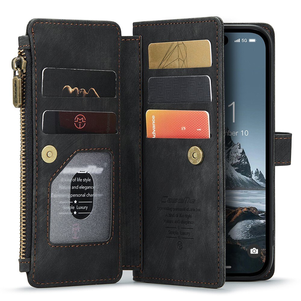 iPhone 16 Pro Zipper Wallet Book Cover Black