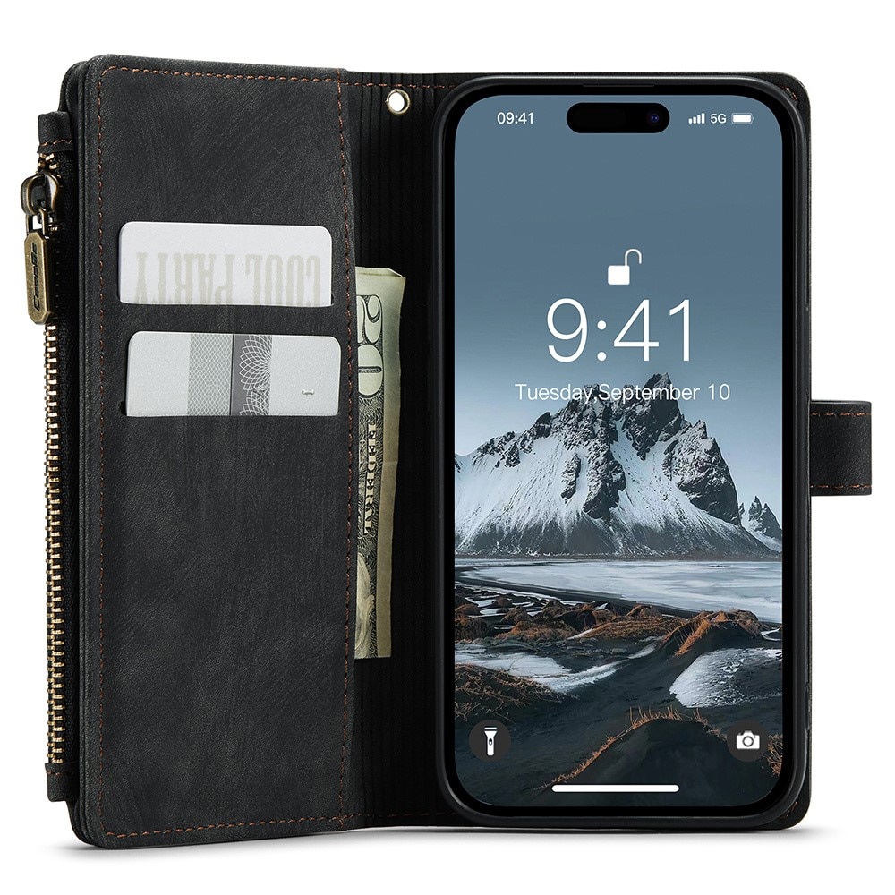 iPhone 15 Pro Zipper Wallet Book Cover Black