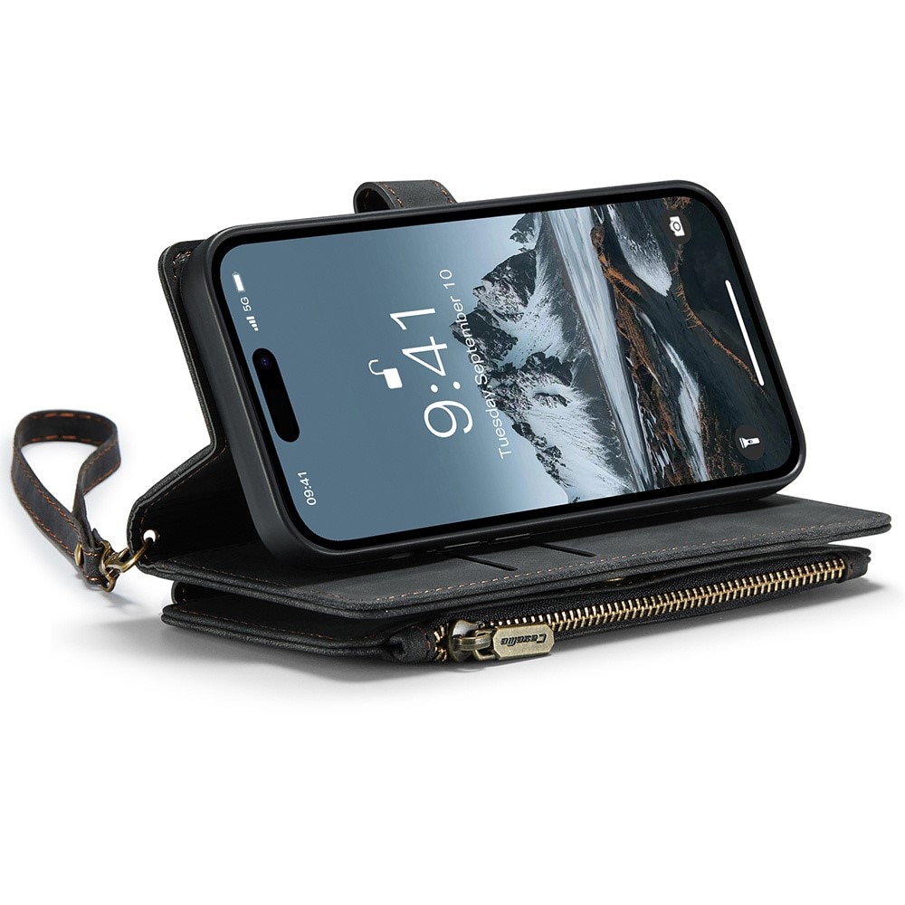 iPhone 15 Pro Zipper Wallet Book Cover Black