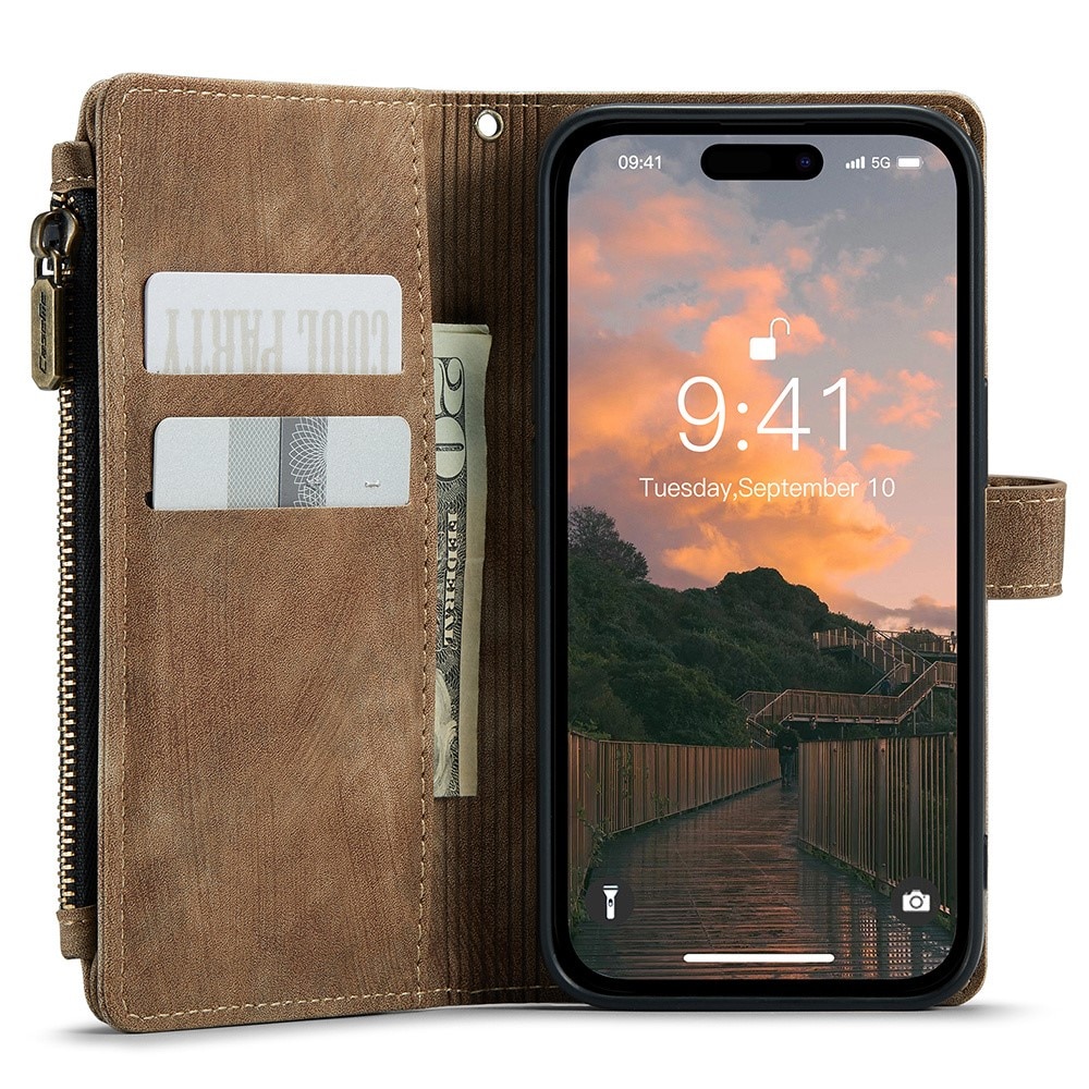 iPhone 15 Pro Zipper Wallet Book Cover Brown