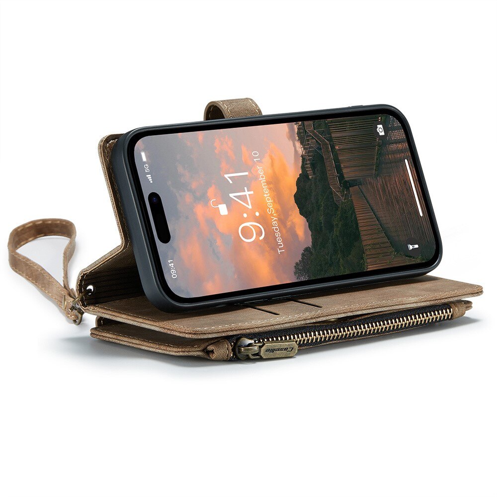 iPhone 15 Pro Zipper Wallet Book Cover Brown