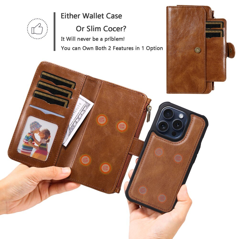 iPhone 15 Pro Magnet Leather Multi Wallet Brown