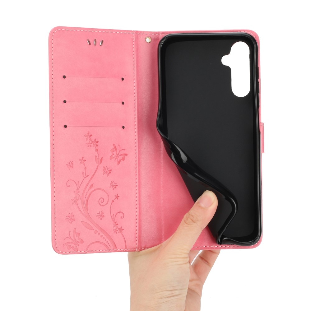 Samsung Galaxy A15 Leather Cover Imprinted Butterflies Pink