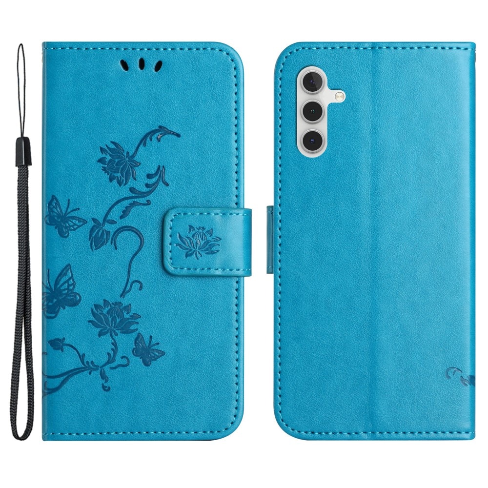 Samsung Galaxy S24 Leather Cover Imprinted Butterflies Blue