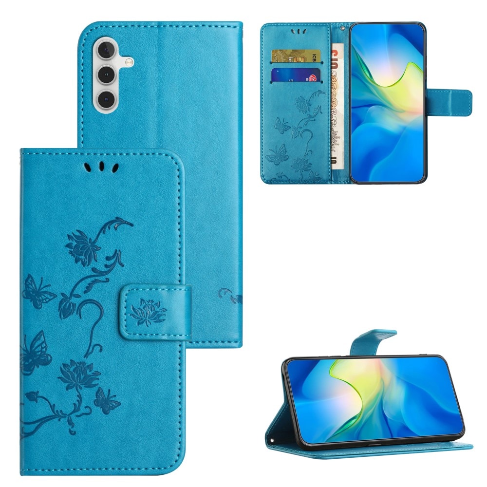 Samsung Galaxy S25 Leather Cover Imprinted Butterflies Blue