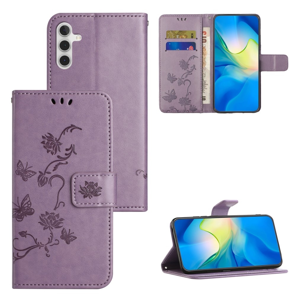 Samsung Galaxy S25 Leather Cover Imprinted Butterflies Purple