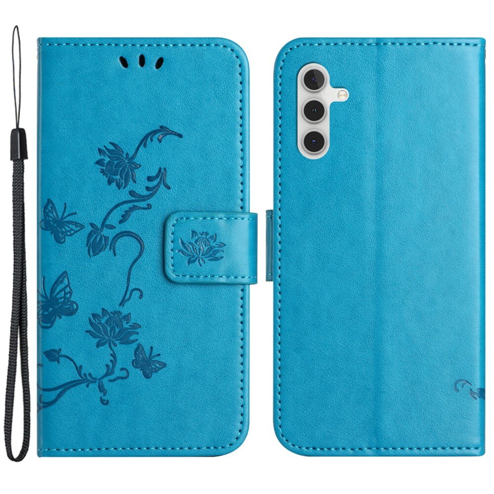 Samsung Galaxy A55 Leather Cover Imprinted Butterflies Blue