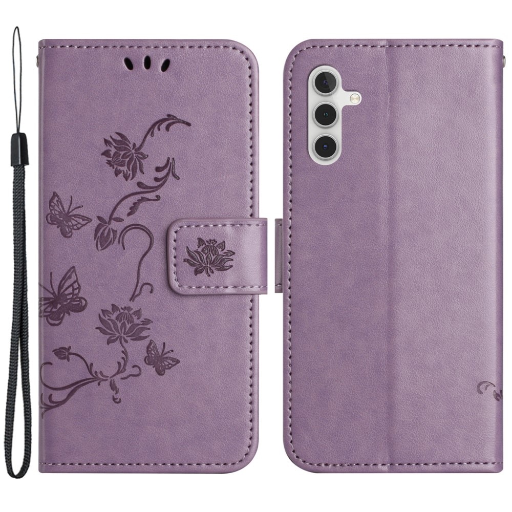 Samsung Galaxy A55 Leather Cover Imprinted Butterflies Purple