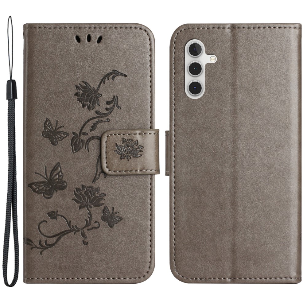 Samsung Galaxy A55 Leather Cover Imprinted Butterflies Grey