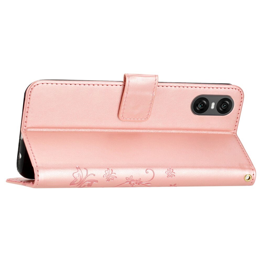 Sony Xperia 10 VI Leather Cover Imprinted Butterflies Pink Gold