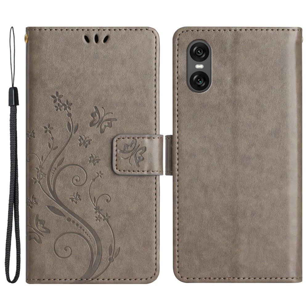 Sony Xperia 10 VI Leather Cover Imprinted Butterflies Grey