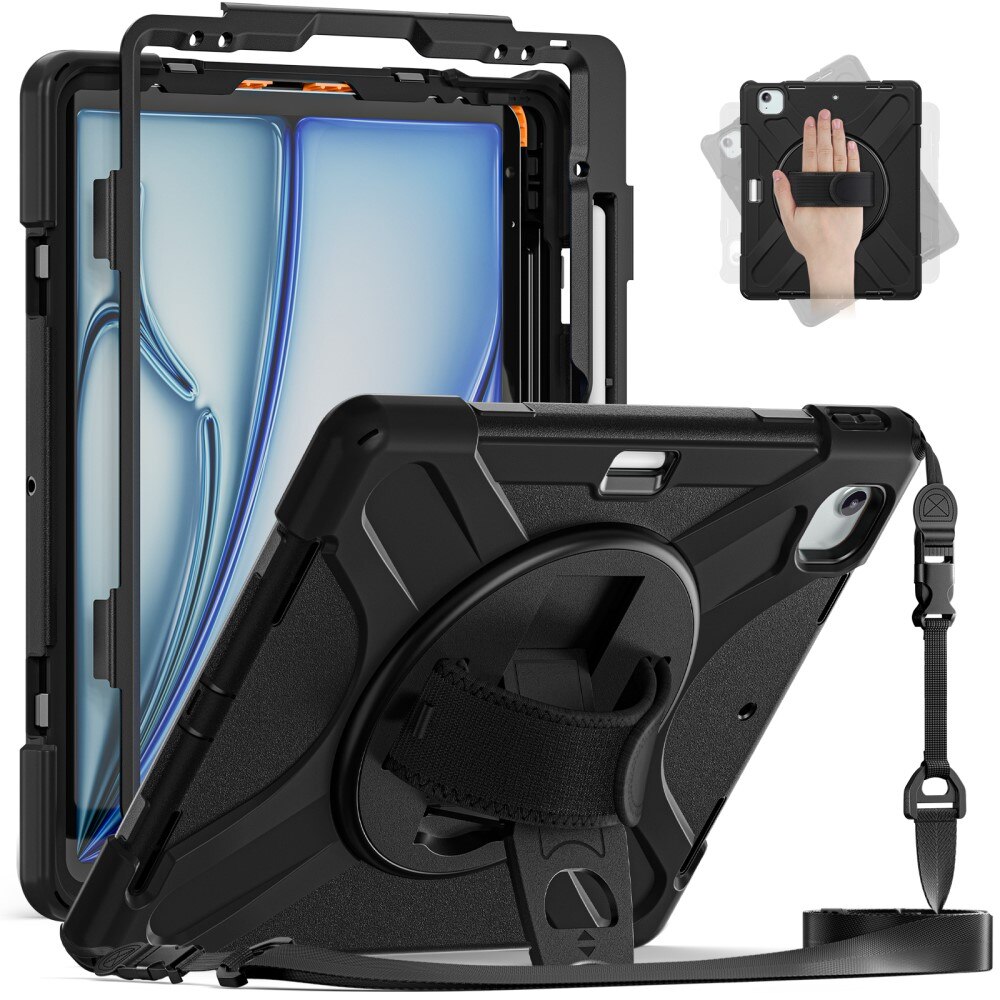 iPad Air 13 (2024) Shockproof Hybrid Case w. Shoulder Strap Black