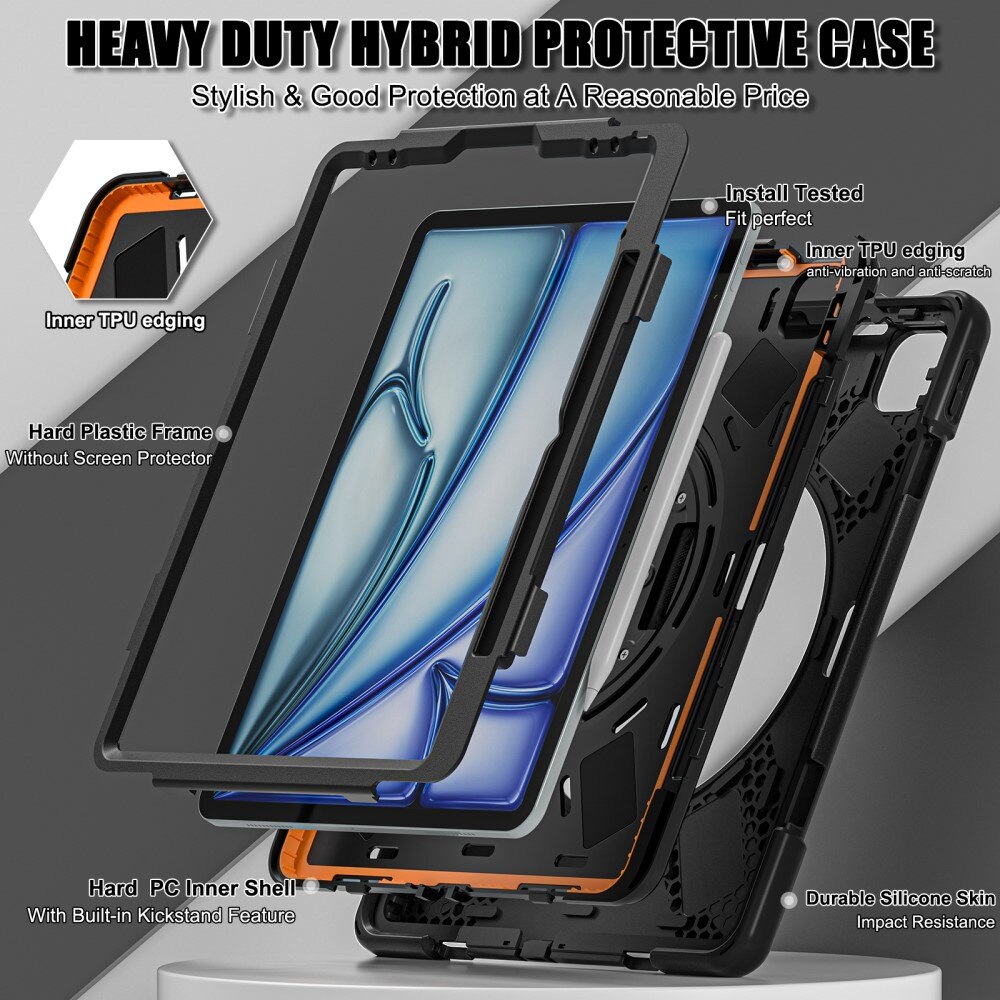 iPad Air 13 (2024) Shockproof Hybrid Case w. Shoulder Strap Black