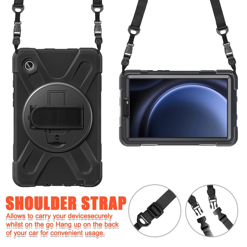 Samsung Galaxy Tab A9 Shockproof Hybrid Case w. Shoulder Strap Black