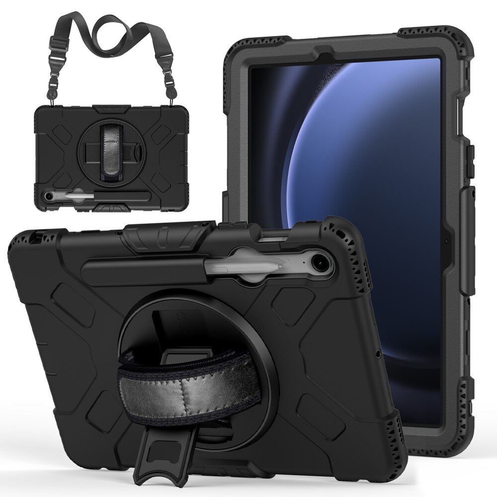 Samsung Galaxy Tab S9 FE Shockproof Hybrid Case w. Shoulder Strap Black