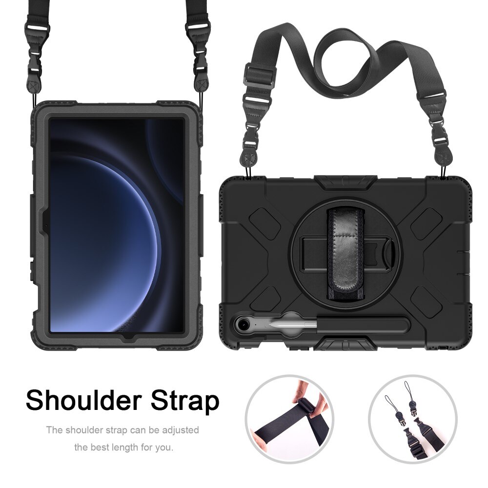 Samsung Galaxy Tab S9 Shockproof Hybrid Case w. Shoulder Strap Black