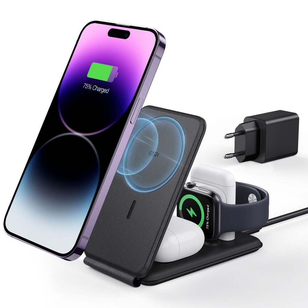 HaloLock Qi2 3-in-1 Travel Wireless Charging Set Black